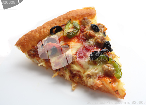 Image of Slice of pizza supreme over white