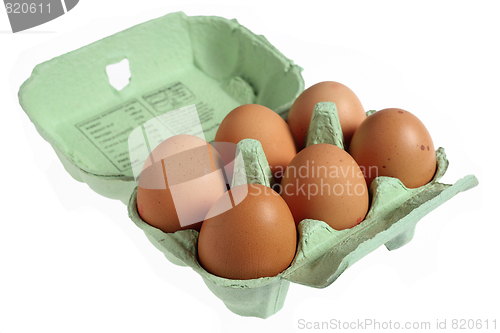 Image of Six eggs in a papier mache egg box