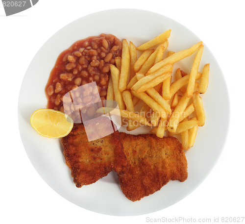 Image of Breaded fish meal from above