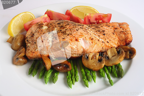 Image of Pan fried salmon, asparagus and mushrooms