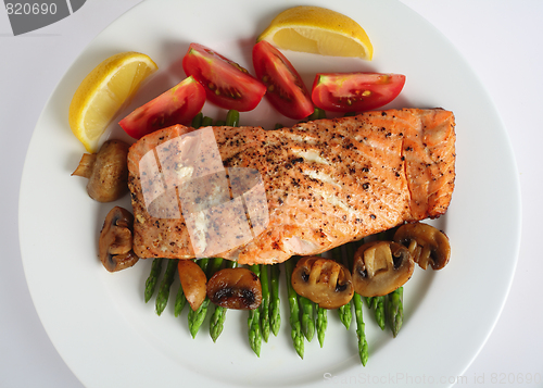 Image of Salmon steak and asparagus from above