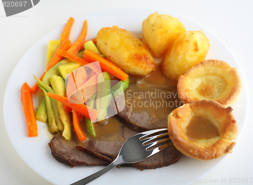 Image of Roast beef dinner high angle view