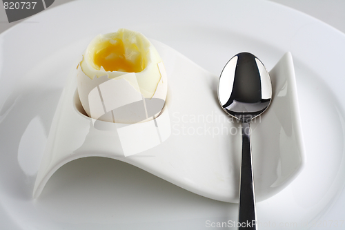 Image of White egg on plate with spoon
