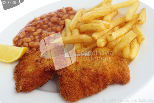 Image of Breaded fish fillets meal angled