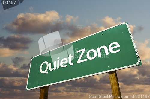 Image of Quiet Zone Green Road Sign and Clouds