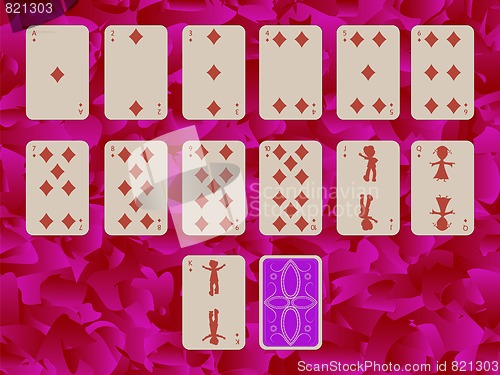 Image of suit of diams playing cards on purple background