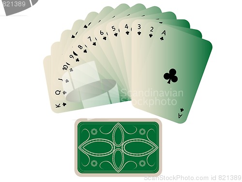 Image of clubs cards fan with deck isolated on white