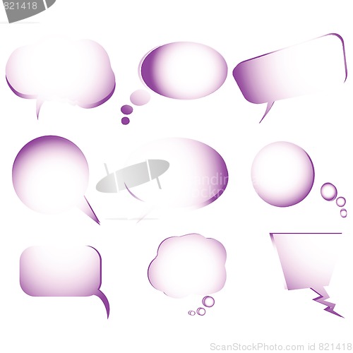 Image of Collection of stylized purple text bubbles, vector isolated obje