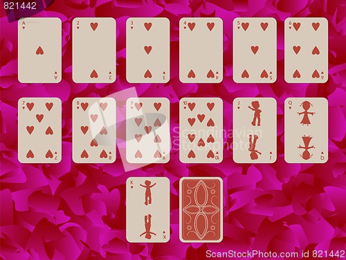 Image of suit of hearts playing cards on purple background