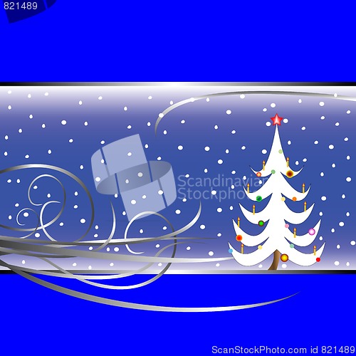 Image of christmas tree card on blue background