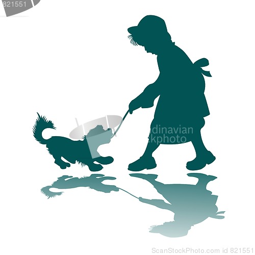 Image of little girl and dog silhouette