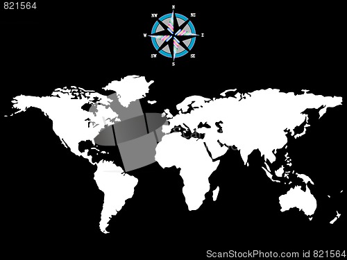 Image of white world map with wind rose isolated on black background
