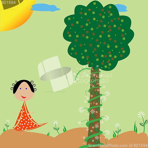 Image of little girl, flowers and tree