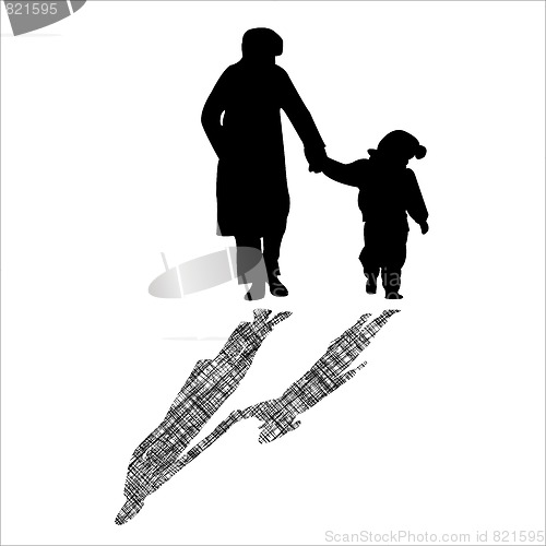 Image of woman and child silhouettes with striped shadow