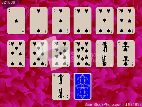 Image of suit of spades playing cards on purple background