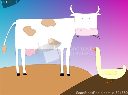 Image of drawing of a cow and goose