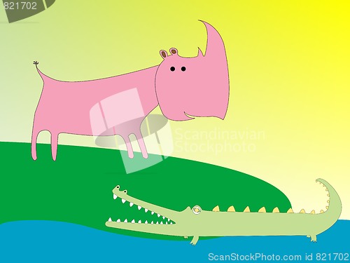 Image of drawing of a crocodile and rhino