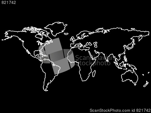 Image of white world map outlines isolated on black