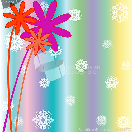 Image of christmas background with snow flakes, flowers and stripes