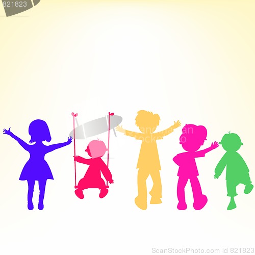 Image of retro little kids silhouettes over shiny background