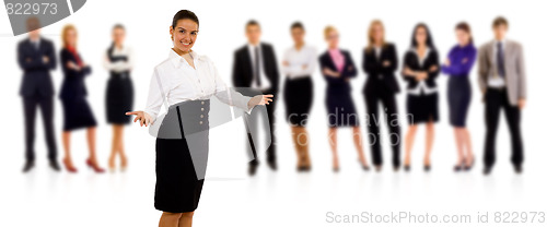 Image of businesswoman welcoming to her team