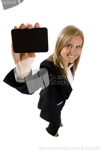 Image of business woman presenting a card 