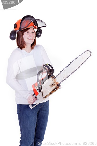 Image of Pregnant Mother with Chainsaw