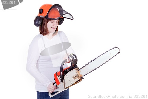 Image of Pregnant Mother with Chainsaw