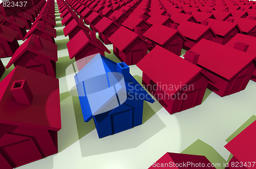 Image of red house in row of streets