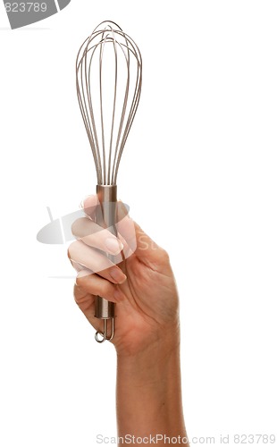 Image of Woman Holding Egg Beater in the Air Isolated on White