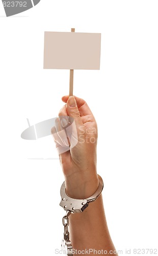 Image of Handcuffed Woman Holding Blank White Sign Isolated on White