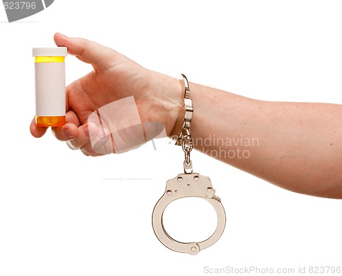 Image of Handcuffed Man Holding Blank Medicine Bottle Isolated on White