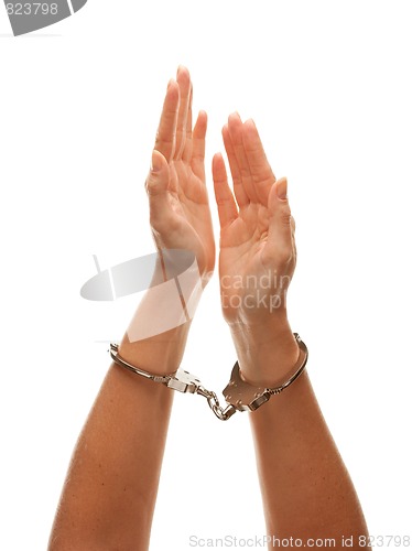 Image of Handcuffed Woman Raising Hands in Air on White