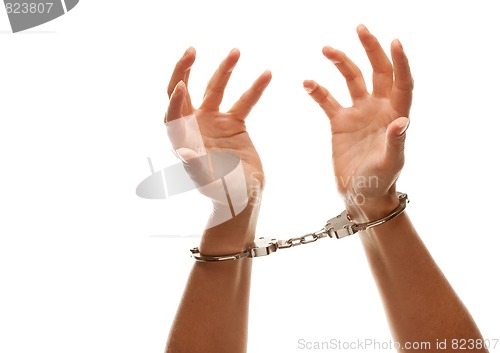 Image of Handcuffed Woman Raising Hands in Air on White