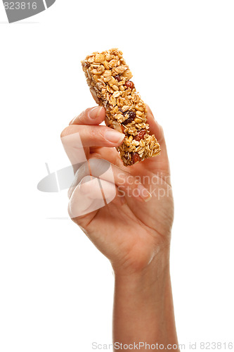 Image of Woman Holding Granola Bar on White