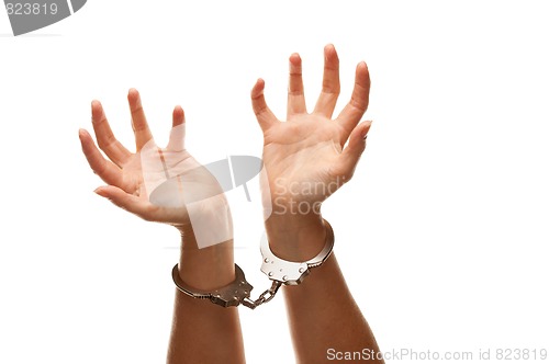 Image of Handcuffed Woman Raising Hands in Air on White