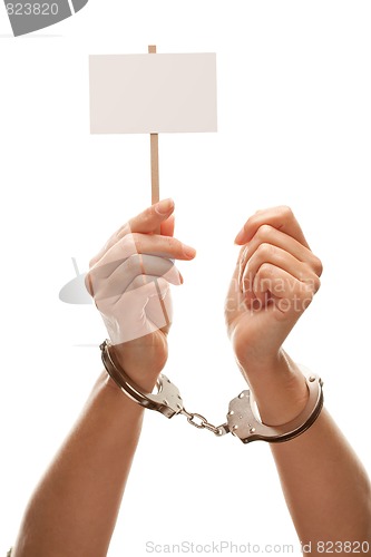 Image of Handcuffed Woman Holding Blank White Sign Isolated on White