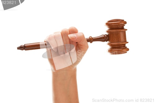 Image of Woman Holding Wooden Gavel Isolated on White