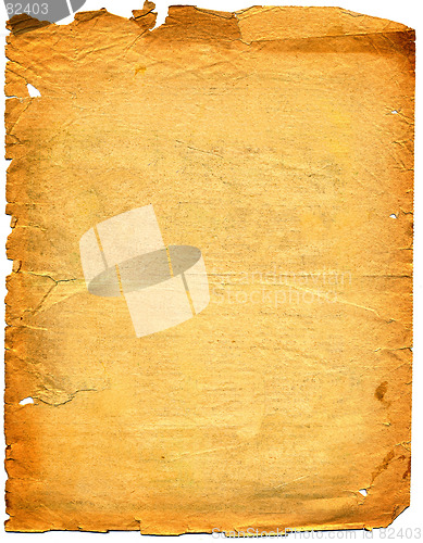 Image of Old textured paper with tattered edge. On white.