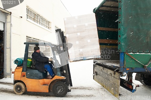 Image of warehouse forklift loading a car