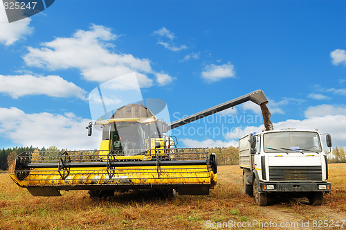 Image of Combine harvester loading a truck in the field