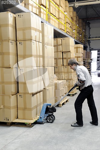 Image of manual fork pallet truck operator in warehouse