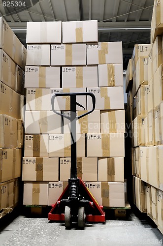 Image of manual fork pallet truck in warehouse