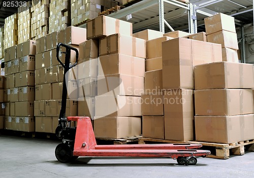 Image of manual fork pallet truck in warehouse