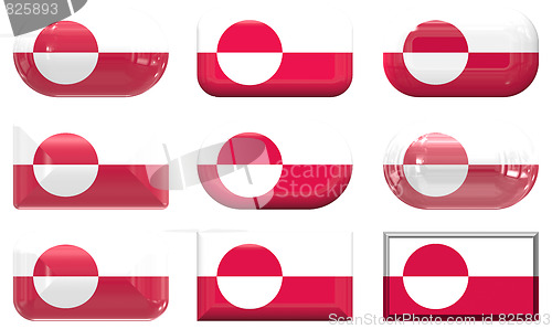 Image of nine glass buttons of the Flag of Greenland