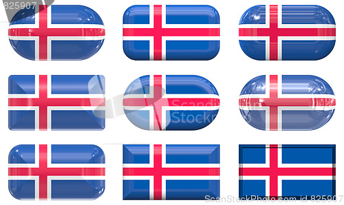 Image of nine glass buttons of the Flag of Iceland