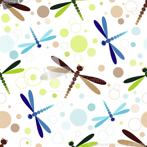 Image of Seamless white pattern with colorful dragonflies
