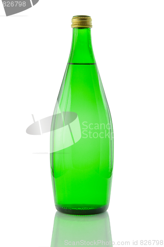 Image of A bottle of mineral water reflected on white background