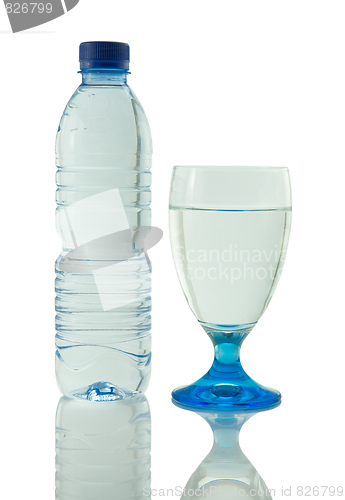 Image of Bottle and glass of mineral water reflected on white background