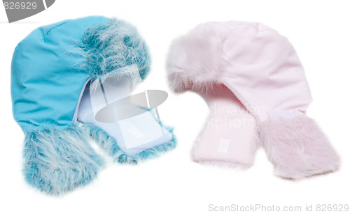 Image of Two winter baby fur hats, rose and blue